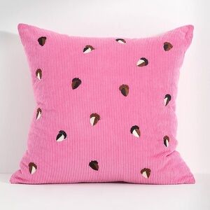 NWT Anthropologie Velvet Corduroy Embroidered Icon Pillow - Pink/Acorn 18x18